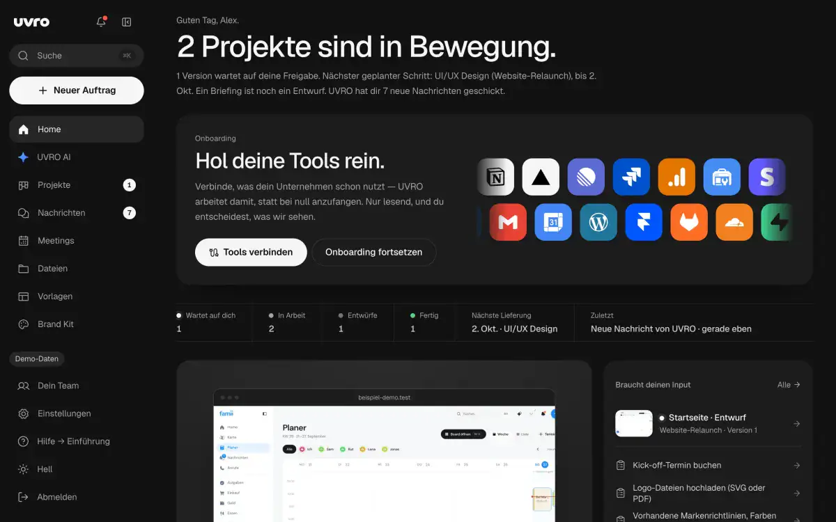 The UVRO client portal — Home