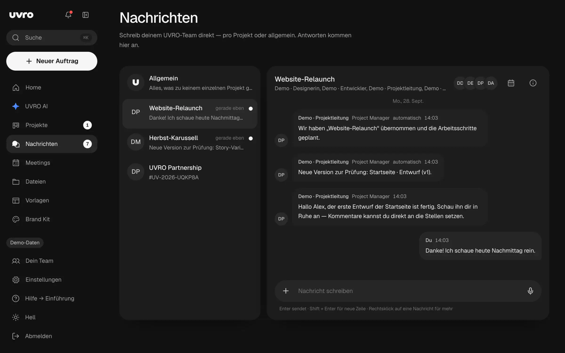 DEELR-Portal, Nachrichten: ein Verlauf pro Projekt mit dem DEELR-Team