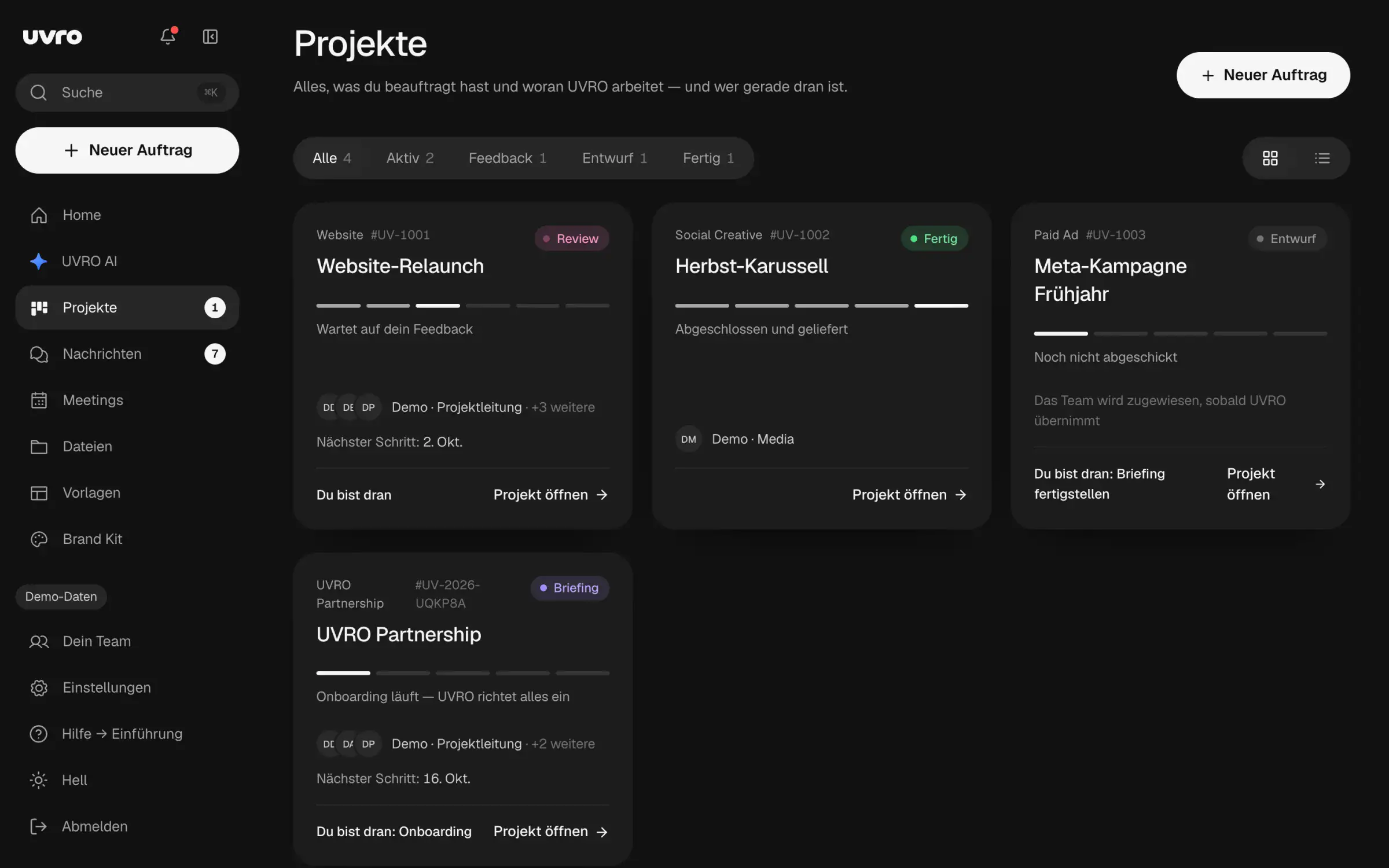 DEELR-Portal, Projekte: Website-Relaunch im Review, Social-Karussell fertig, eine Paid-Ad als Entwurf