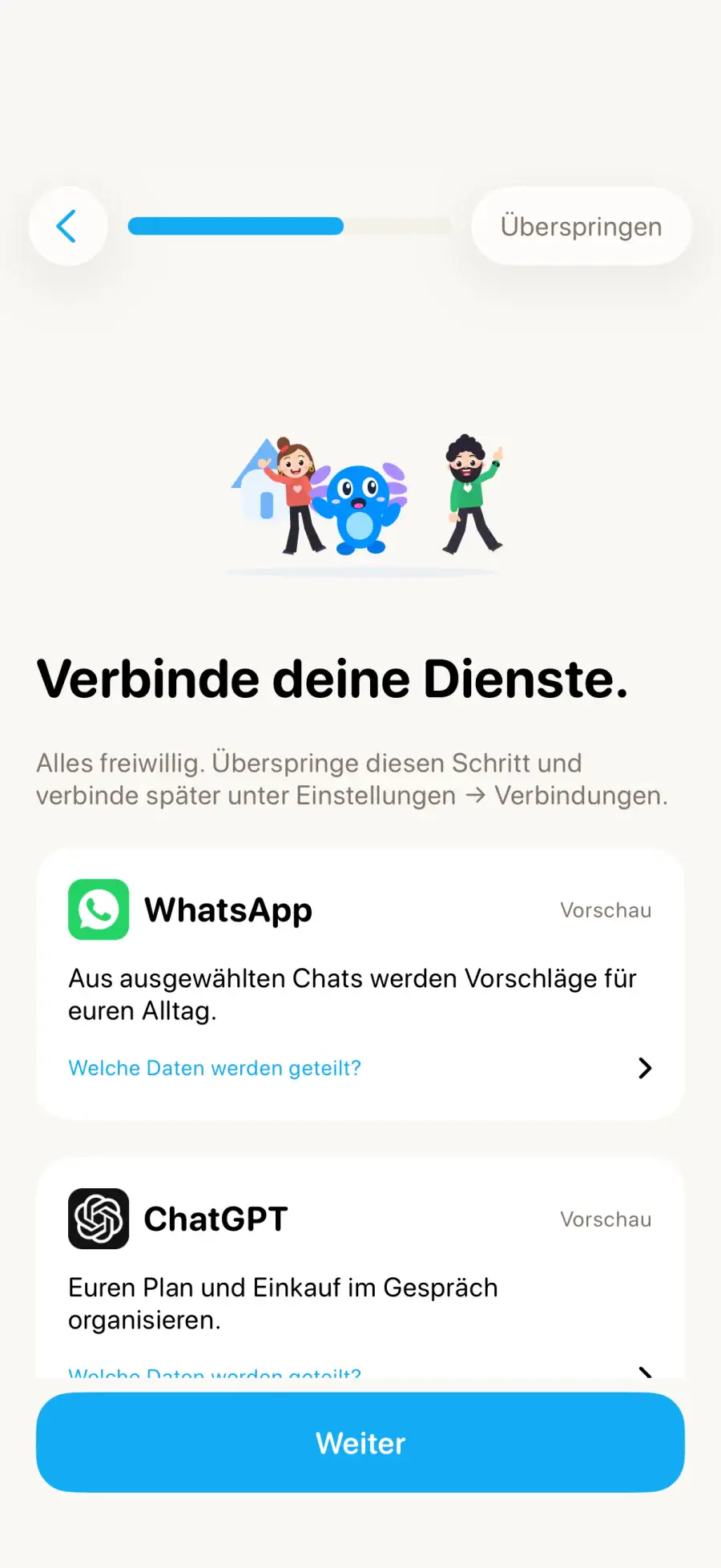 famii iOS-Onboarding: WhatsApp und ChatGPT verbinden, optional