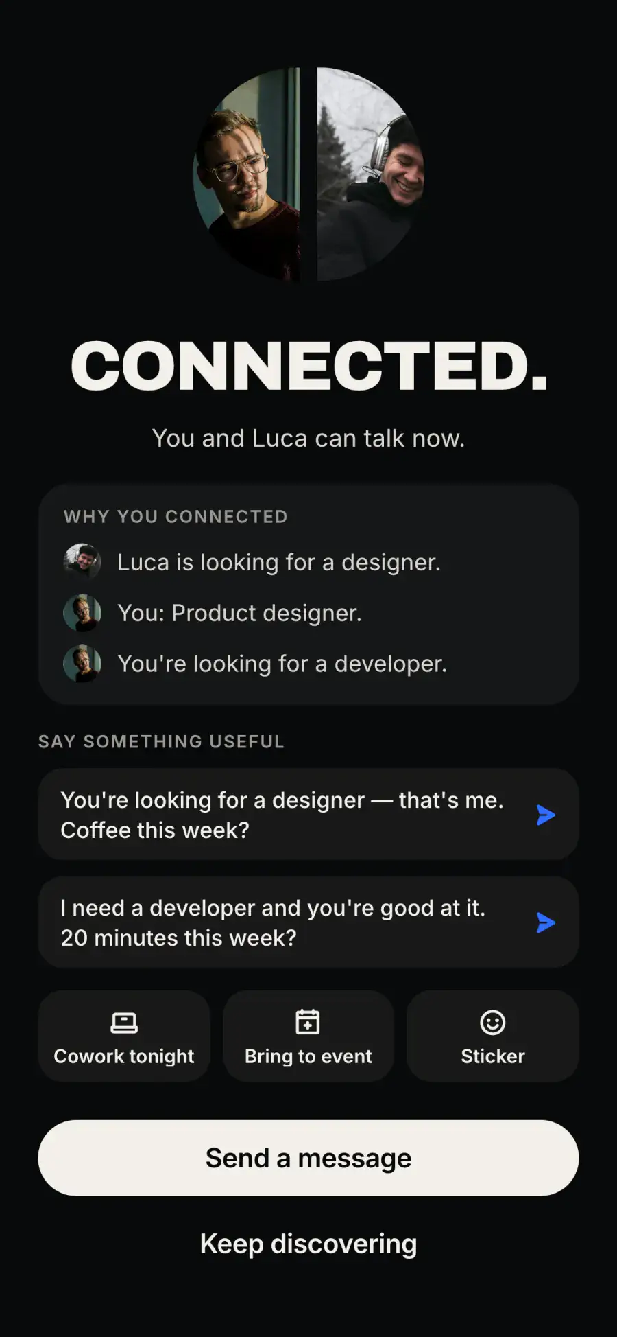 FOUND „Connected.“-Screen mit Why you connected