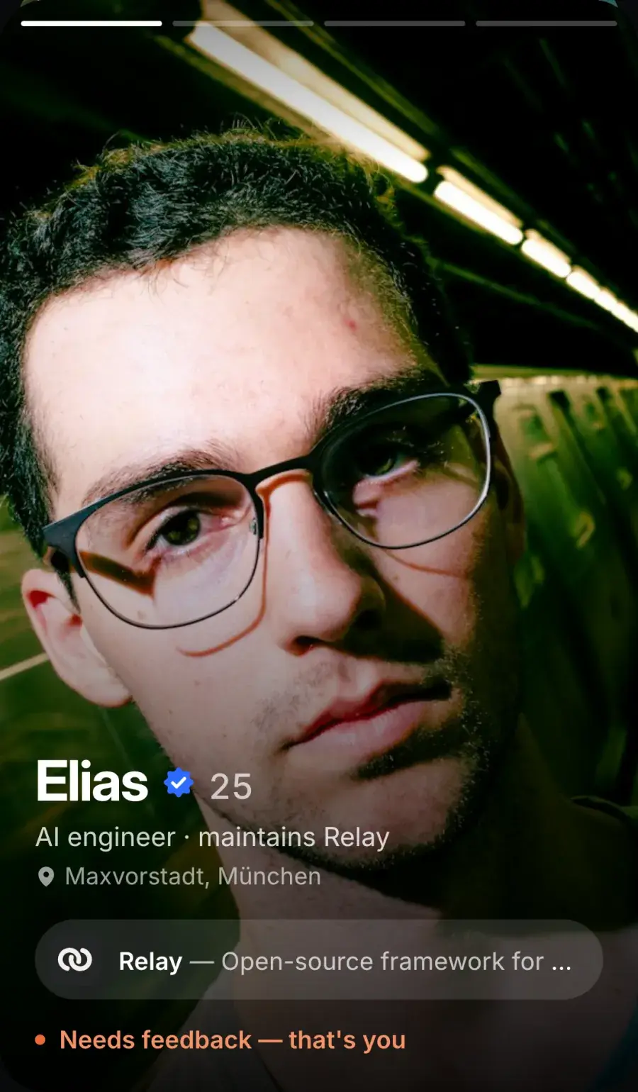 FOUND Discover-Karte: Elias, AI Engineer, betreut Relay