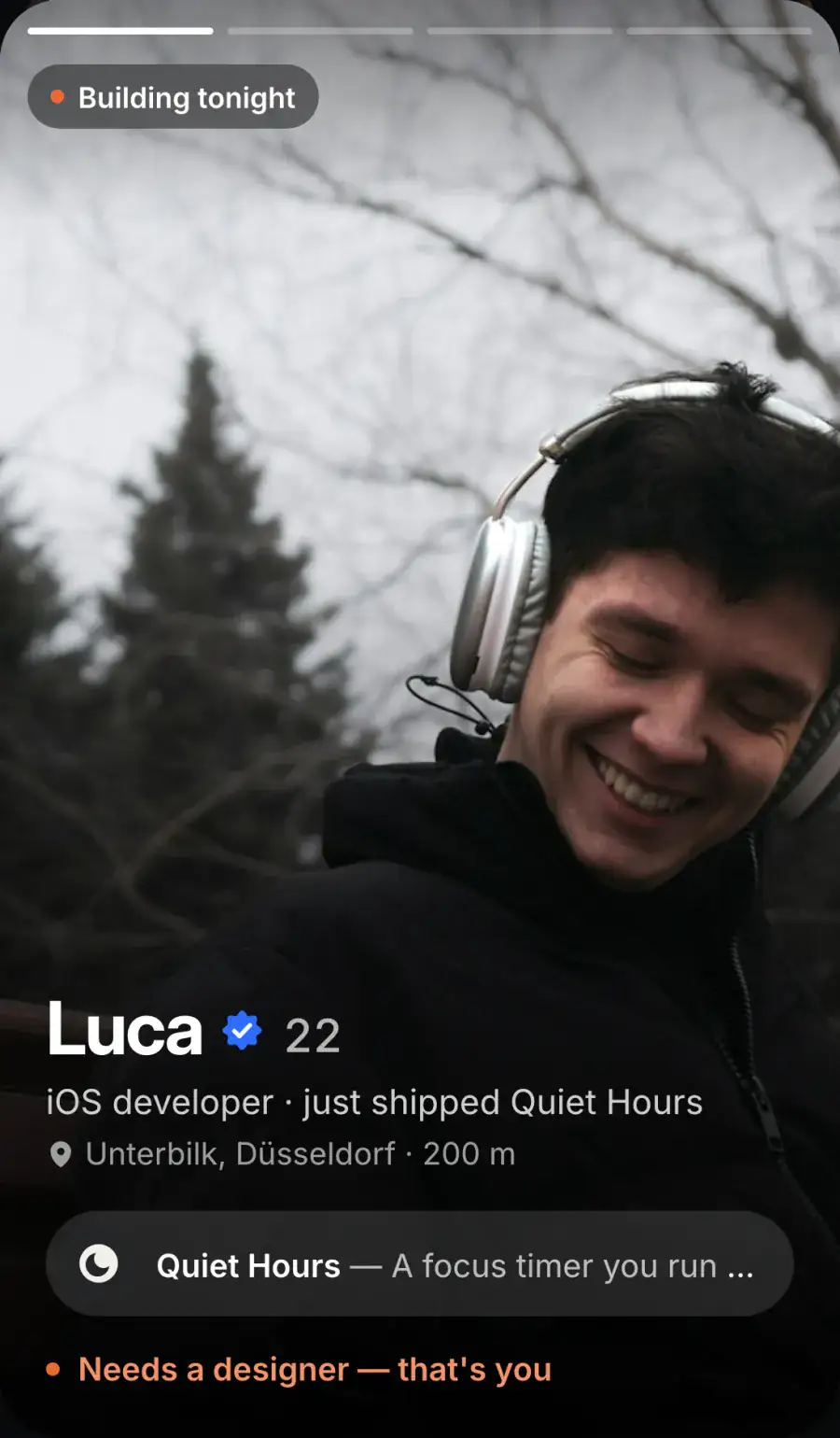 FOUND Discover-Karte: Luca, iOS-Entwickler, „Needs a designer — that’s you“