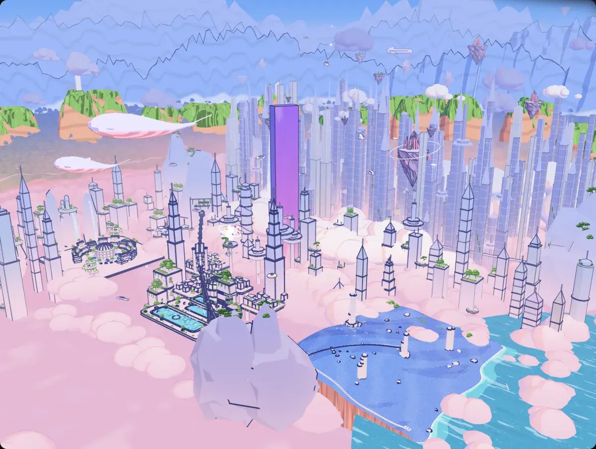 Mote’s world from outside: the city in its cloud sea, the land ring and the mountains — rendered from the live 3D scene.