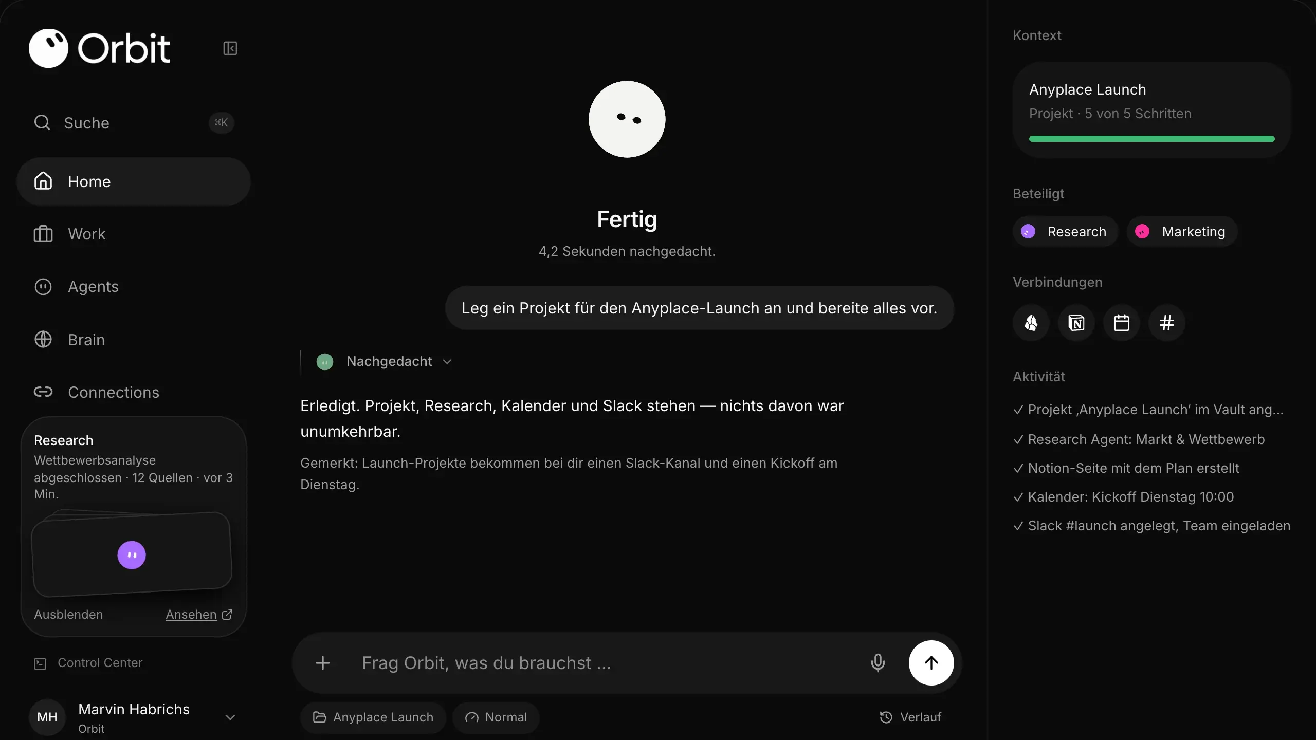 Orbit fertig: das Ergebnis, was es sich gemerkt hat, und das Kontext-Panel