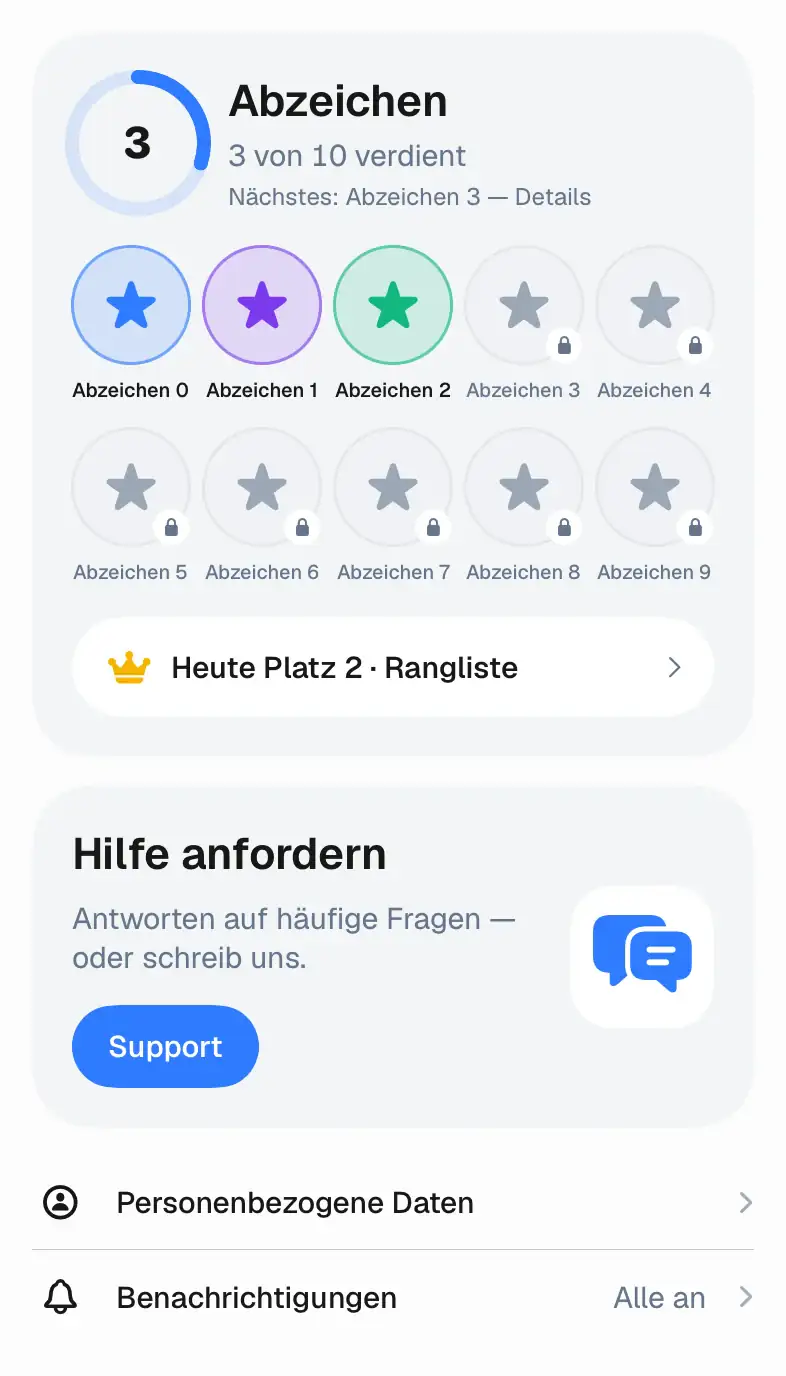 Place Konto: Abzeichen und Support