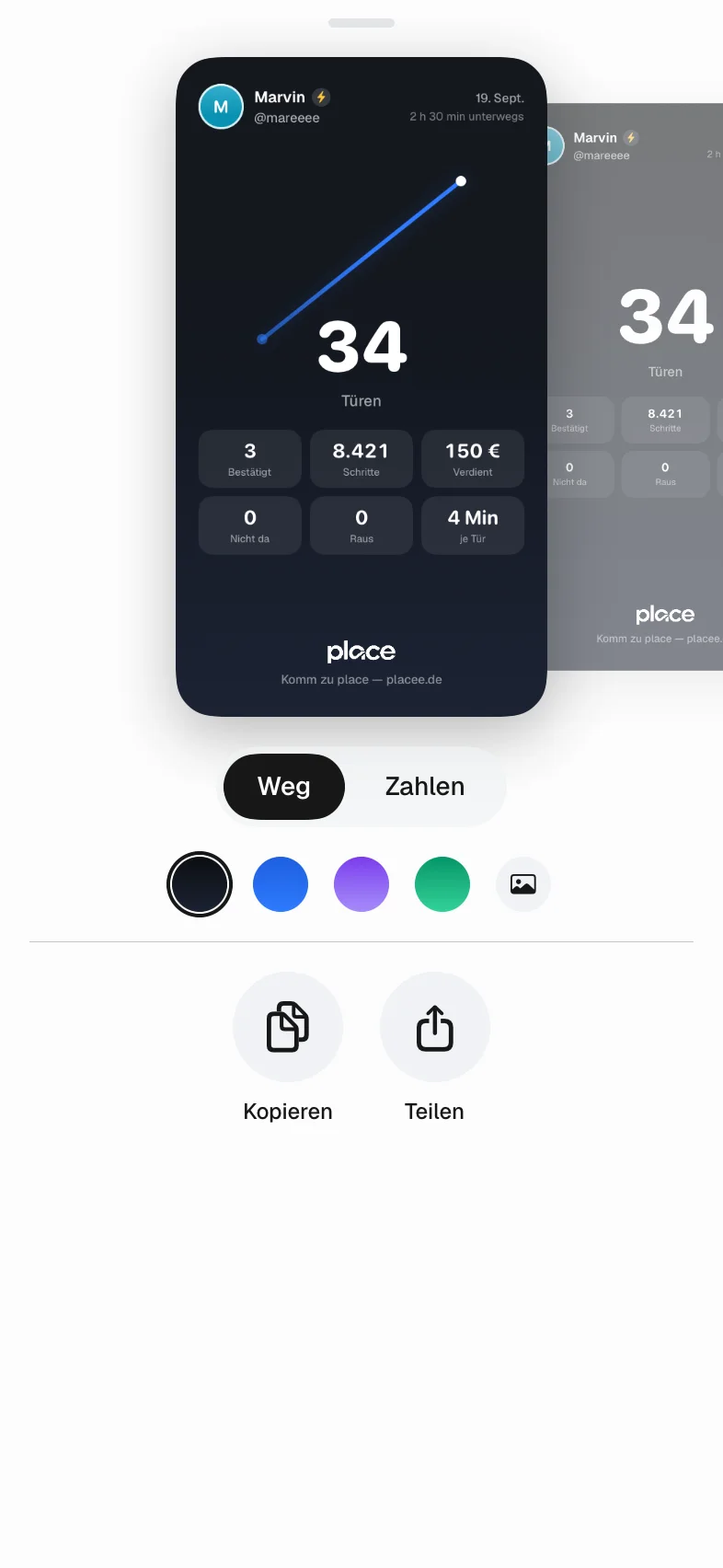 Place iOS share sheet: story preview, Weg or Zahlen, five backgrounds, copy and share
