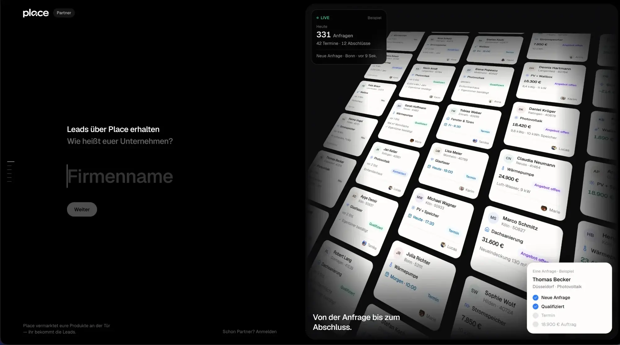Place Partner-Onboarding: „Leads über Place erhalten“ neben einer Wand aus Lead-Karten und einem Live-Anfragezähler
